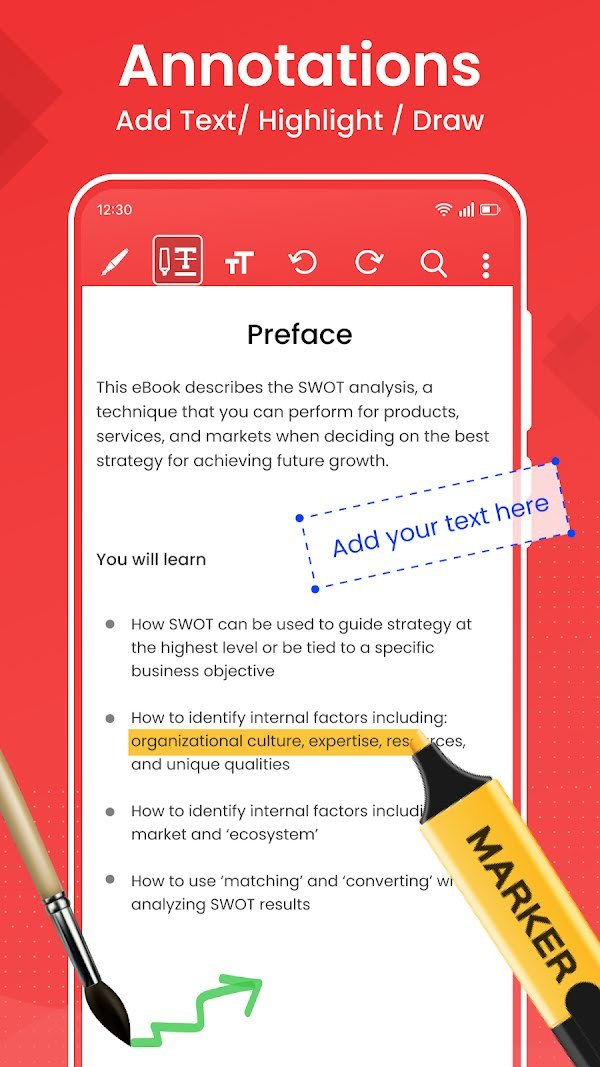 Write on PDF annotation screen with a highlighted sentence and a text box