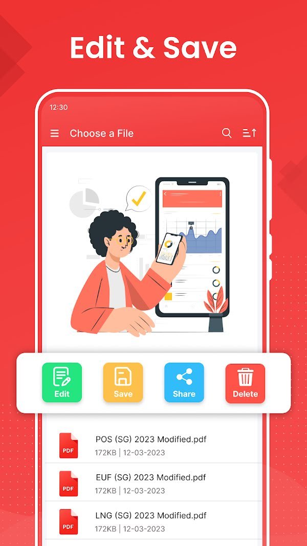 Edit, save, share and delete buttons in Write on PDF