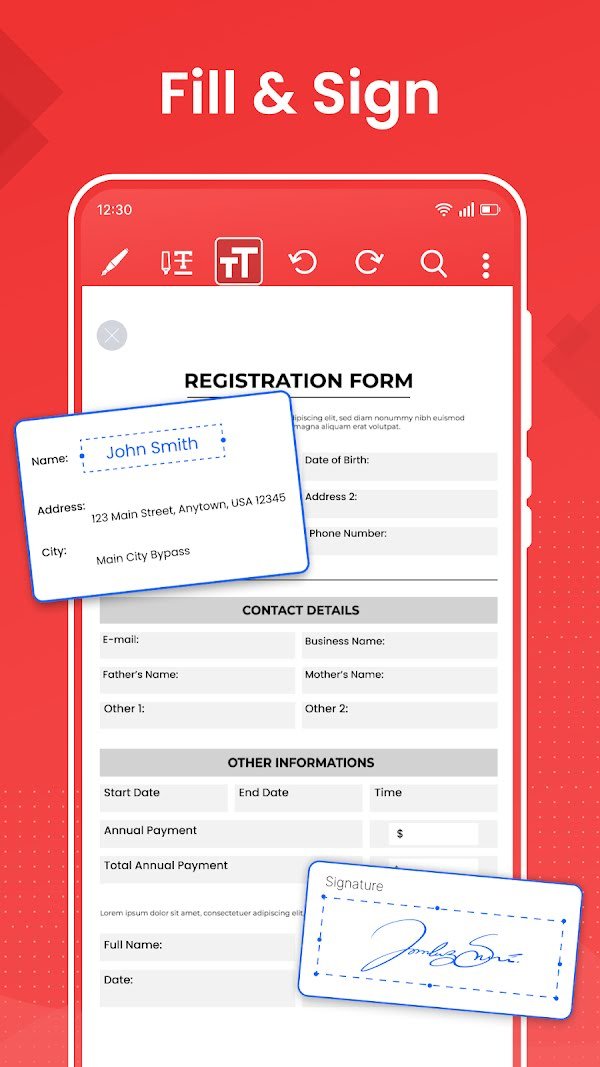 A registration form filled in with typed text and a signature